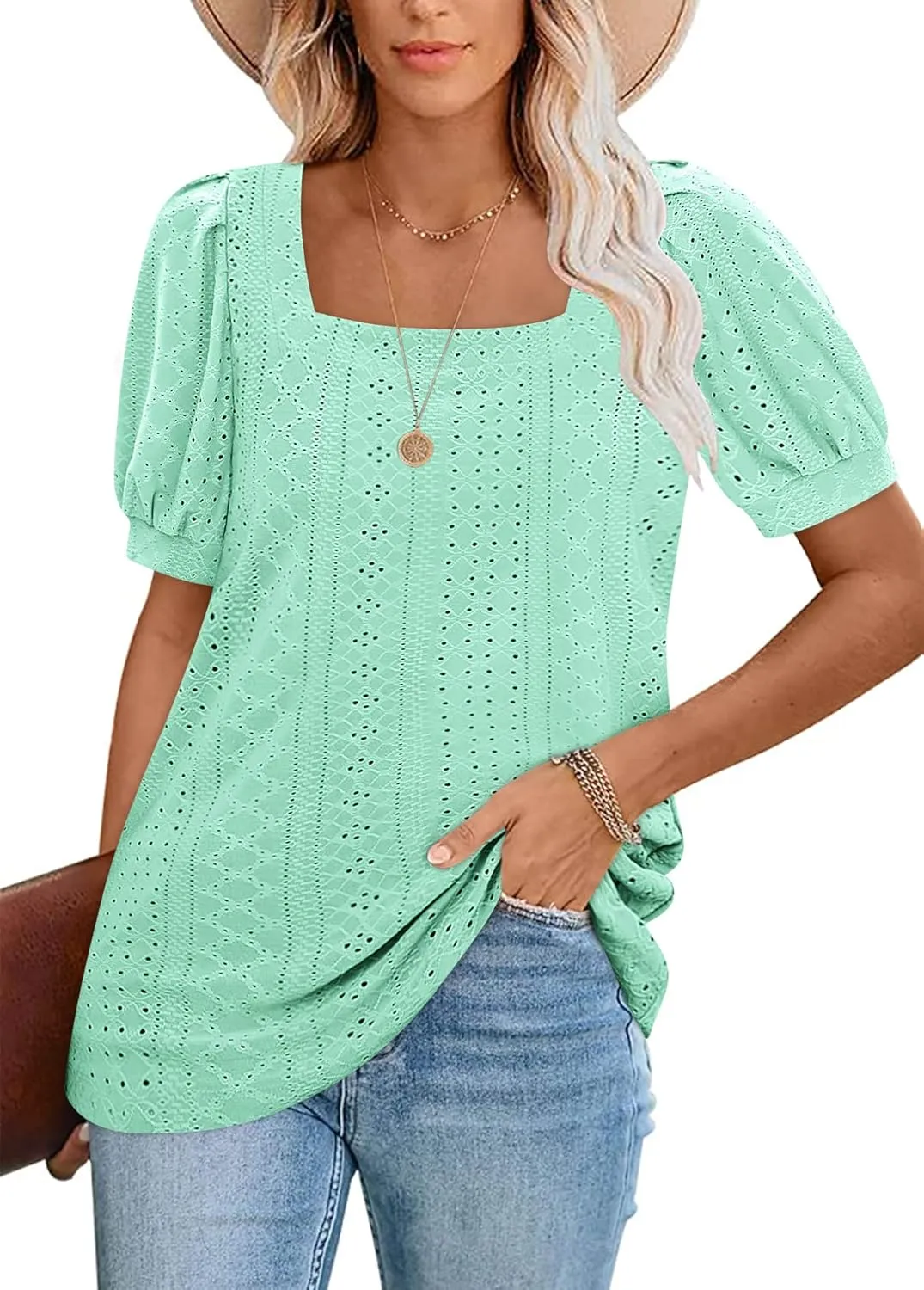 BZB Womens Summer Tops 2025 Square Neck Short Sleeve Tunic Tops Eyelet T-Shirts S-2XL