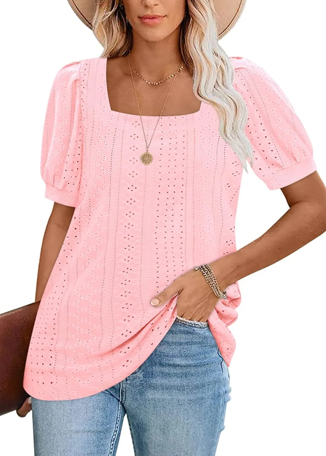 BZB Womens Summer Tops 2025 Square Neck Short Sleeve Tunic Tops Eyelet T-Shirts S-2XL