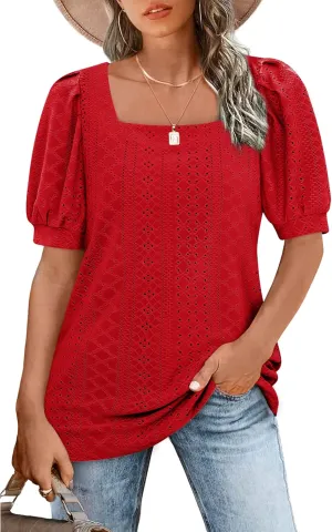BZB Womens Summer Tops 2025 Square Neck Short Sleeve Tunic Tops Eyelet T-Shirts S-2XL