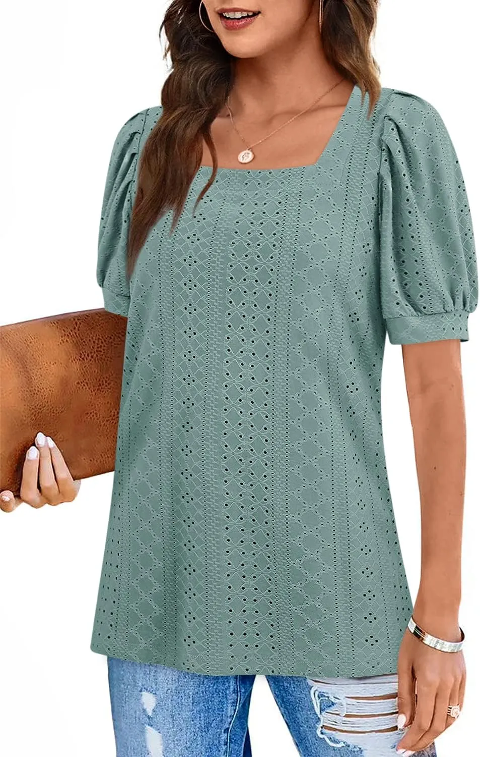 BZB Womens Summer Tops 2025 Square Neck Short Sleeve Tunic Tops Eyelet T-Shirts S-2XL