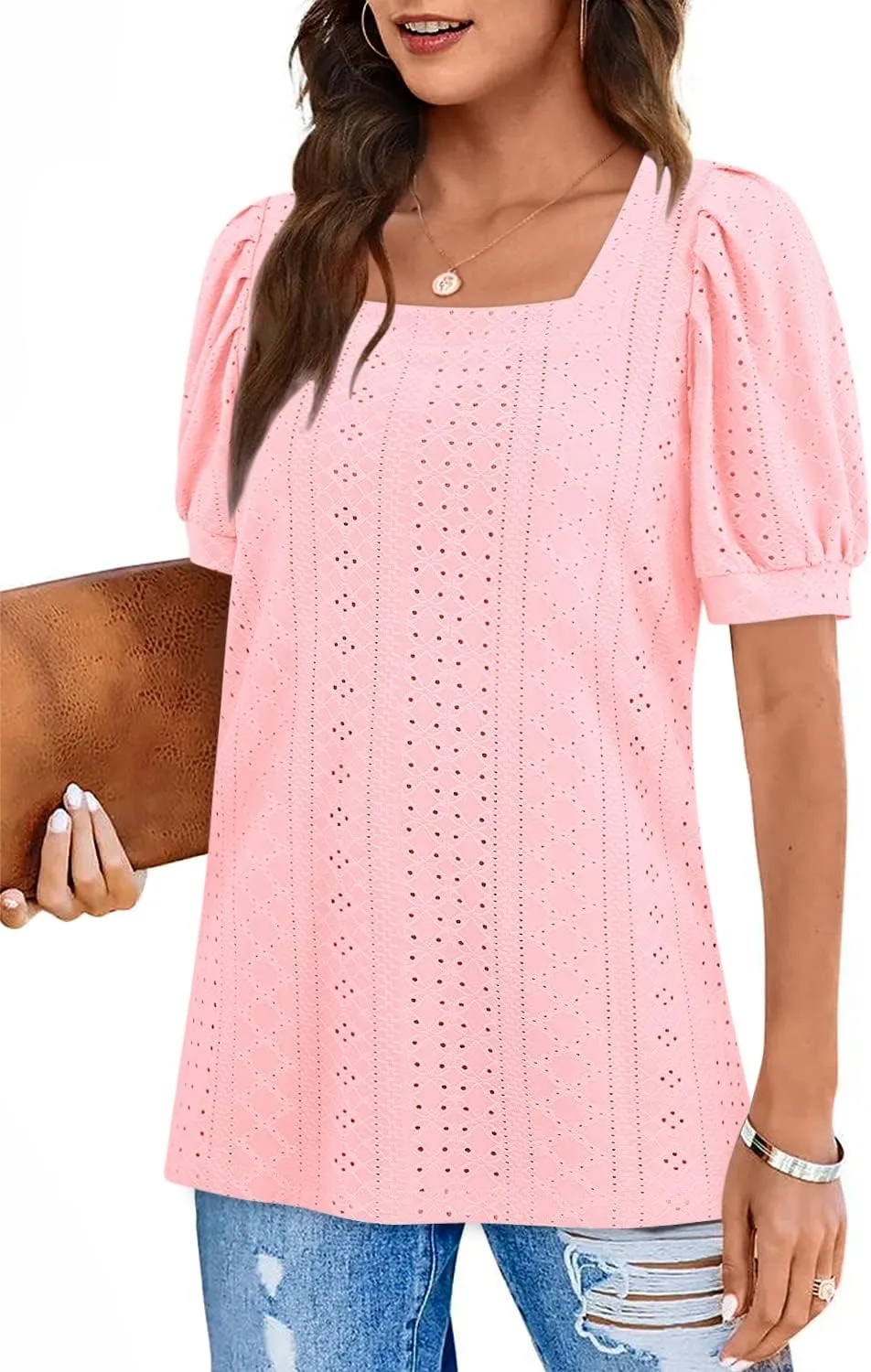 BZB Womens Summer Tops 2025 Square Neck Short Sleeve Tunic Tops Eyelet T-Shirts S-2XL
