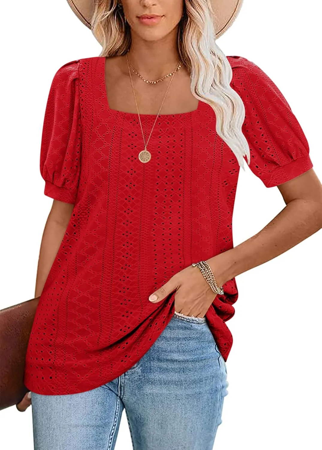 BZB Womens Summer Tops 2025 Square Neck Short Sleeve Tunic Tops Eyelet T-Shirts S-2XL