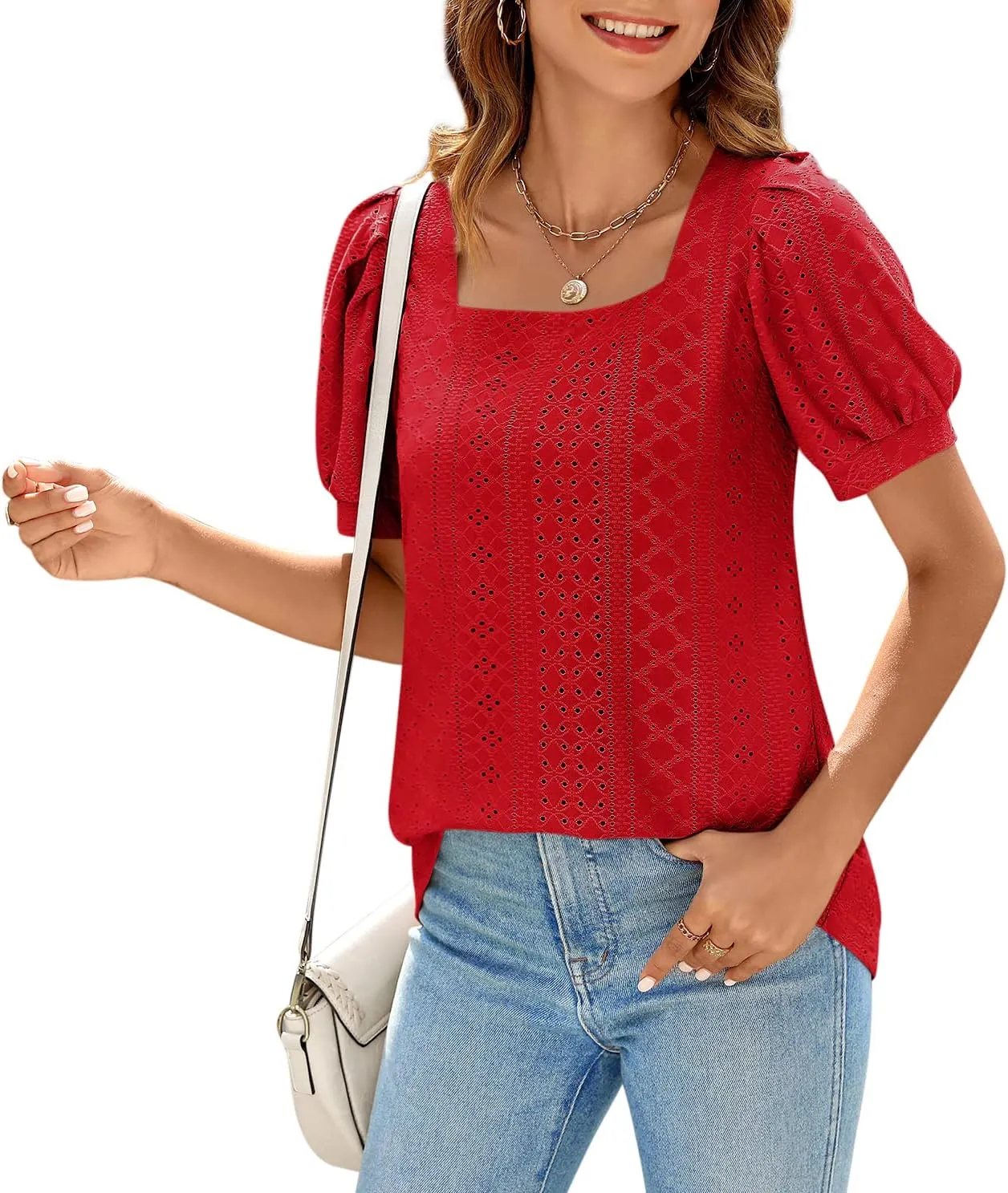 BZB Womens Summer Tops 2025 Square Neck Short Sleeve Tunic Tops Eyelet T-Shirts S-2XL
