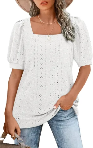 BZB Womens Summer Tops 2025 Square Neck Short Sleeve Tunic Tops Eyelet T-Shirts S-2XL