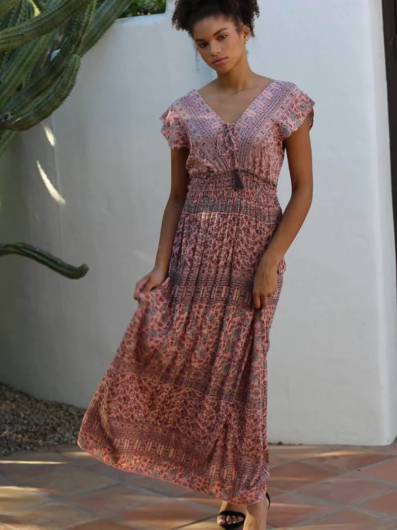 Cameron V-Neck Tiered Elastic Waist Maxi Dress