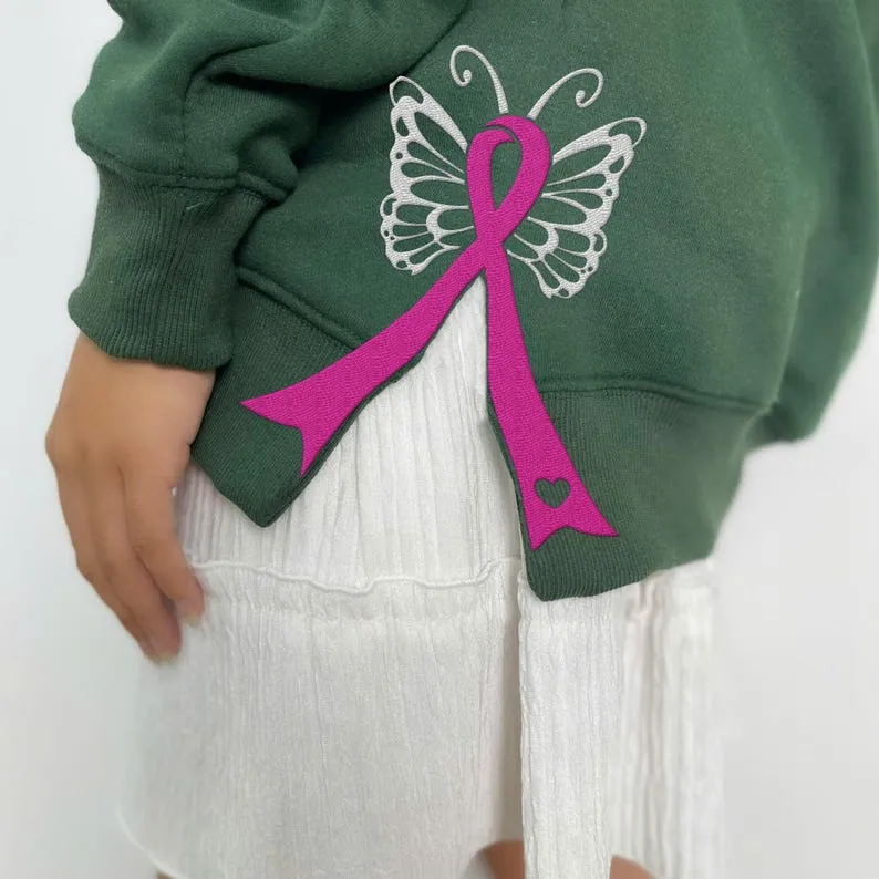 Cancer Ribbon Bow Applique Side Bow Cut-Out Embroidery Sweatshirt, Plaid Christmas Pullover, Trendy Coquette Bow, Side Bow Sweatshirt