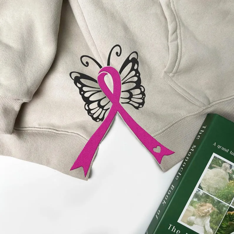 Cancer Ribbon Bow Applique Side Bow Cut-Out Embroidery Sweatshirt, Plaid Christmas Pullover, Trendy Coquette Bow, Side Bow Sweatshirt