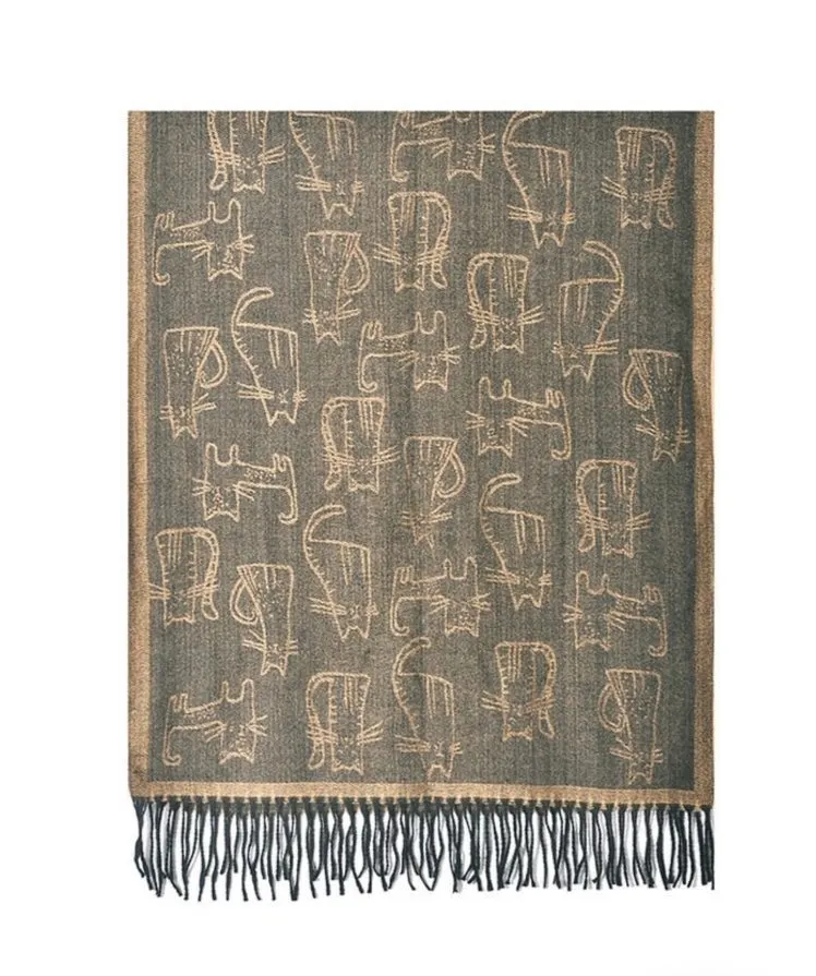 Cat Design Woven Winter Scarf In Olive