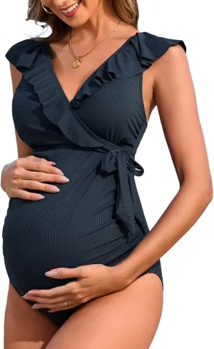 Charmo Ribbed Maternity Swimsuit Ruffle V Neck Side Tie Knot One Piece Pregnancy Bathing Suit Push up Swimwear for Women