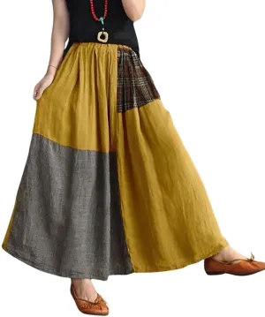 chouyatou Women's Color Block Plaid Patchwork Skirt Elastic Waist Pleated Cotton Linen Long Skirt with Pockets