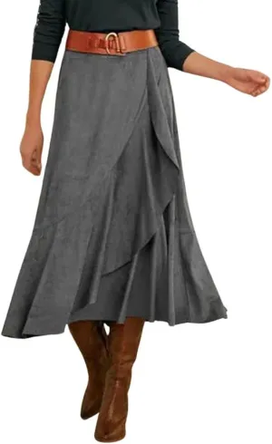 chouyatou Women's Vintage Corduroy Mermaid Skirt A-Line Irregular Ruffle Hem Fishtail Midi Long Skirt