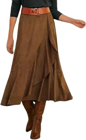 chouyatou Women's Vintage Corduroy Mermaid Skirt A-Line Irregular Ruffle Hem Fishtail Midi Long Skirt