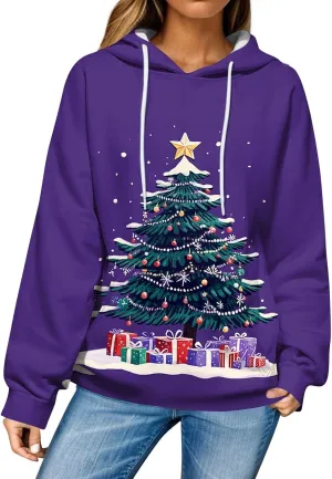Christmas Sweatshirts For Women Trendy Oversized Hoodies Drawstring Long Sleeve Christmas Graphic Hoodies Lightweight