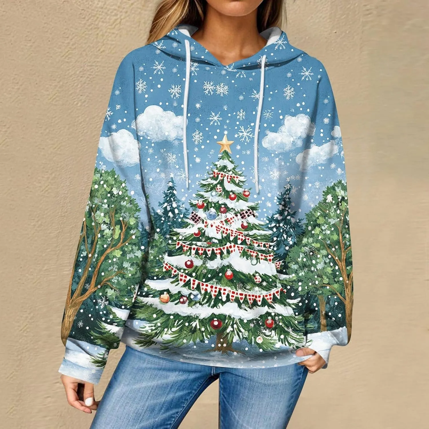 Christmas Sweatshirts For Women Trendy Oversized Hoodies Drawstring Long Sleeve Christmas Graphic Hoodies Lightweight