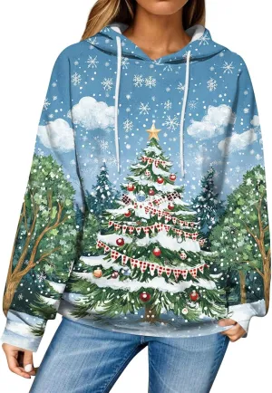 Christmas Sweatshirts For Women Trendy Oversized Hoodies Drawstring Long Sleeve Christmas Graphic Hoodies Lightweight