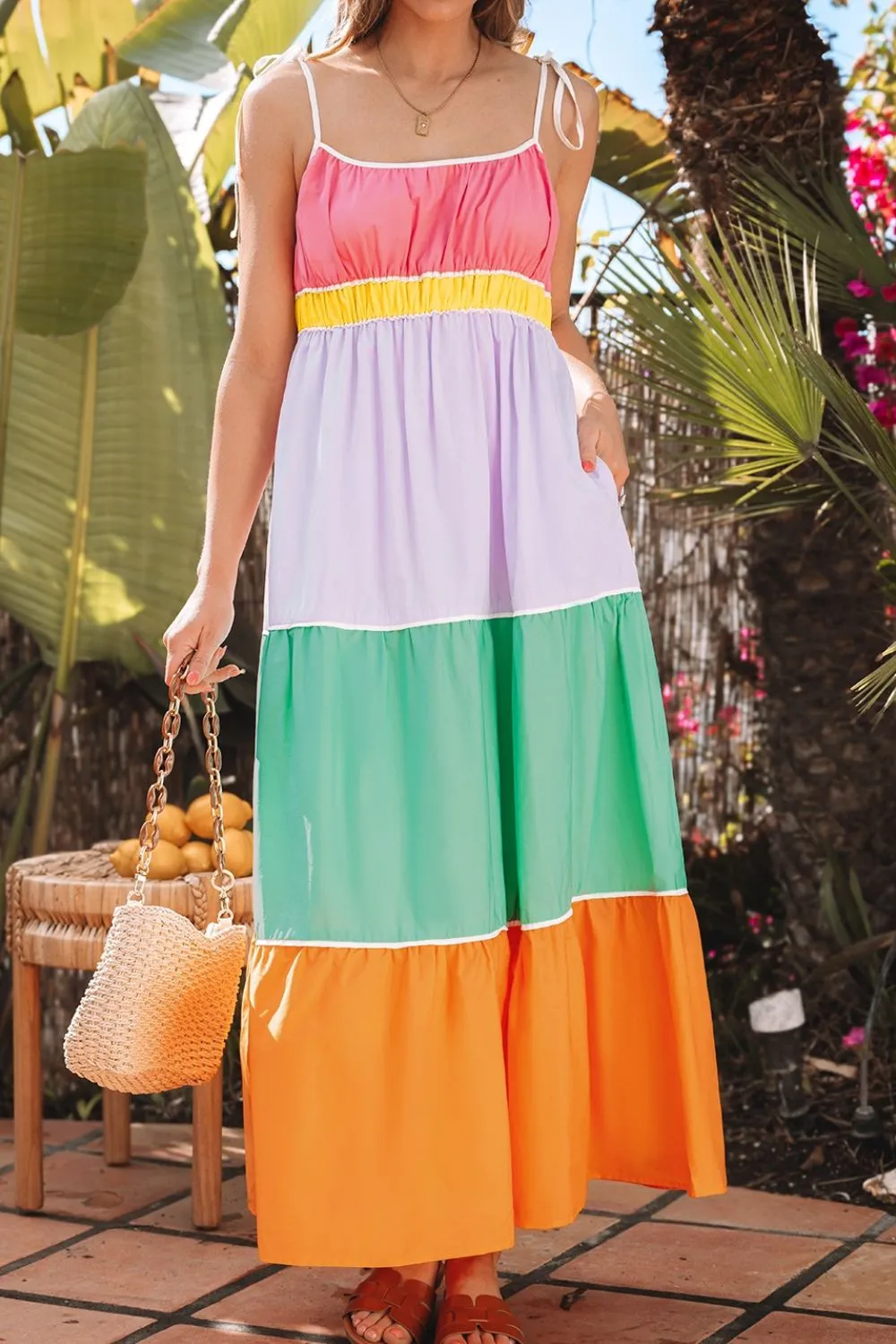 Color Block Flowy Tiered Maxi Dress with Pockets