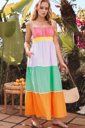 Color Block Flowy Tiered Maxi Dress with Pockets