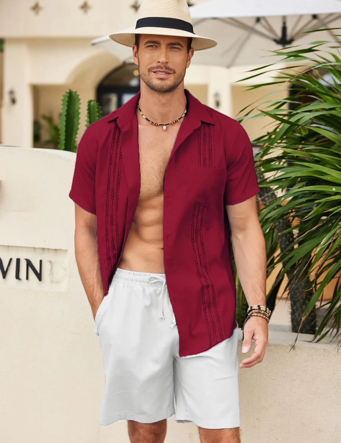 COOFANDY Mens Cuban Guayabera Shirt Short Sleeve Linen Button Down Shirts Casual Summer Beach Tops