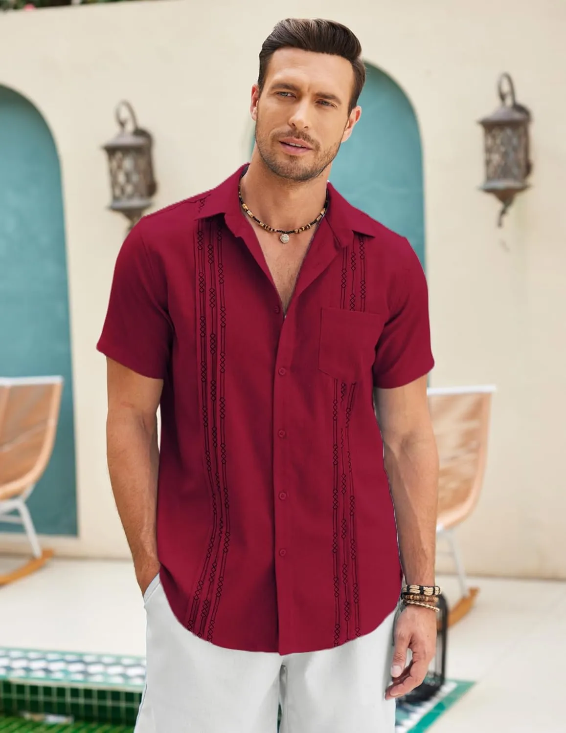 COOFANDY Mens Cuban Guayabera Shirt Short Sleeve Linen Button Down Shirts Casual Summer Beach Tops
