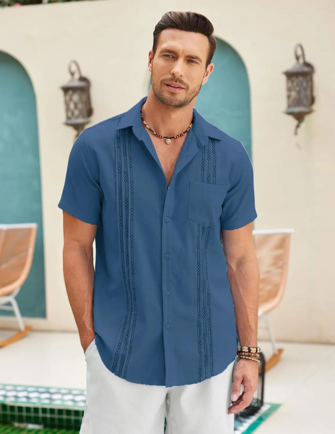 COOFANDY Mens Cuban Guayabera Shirt Short Sleeve Linen Button Down Shirts Casual Summer Beach Tops