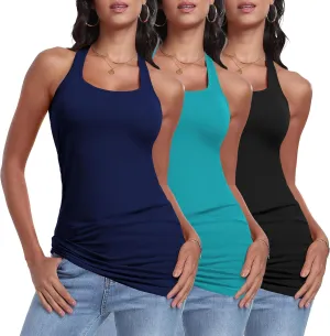 Cotton Racerback Long Tank Tops for Women Tunic Layering Sleeveless Undershirts Moisture Wicking 3 Packs