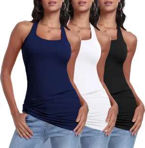 Cotton Racerback Long Tank Tops for Women Tunic Layering Sleeveless Undershirts Moisture Wicking 3 Packs