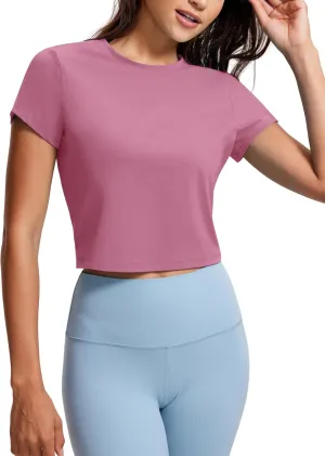 CRZ YOGA Butterluxe Short Sleeve Shirts for Women High Neck Crop Basic T-Shirts Fitted Gym Workout Tops