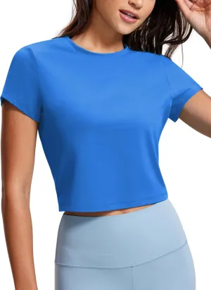 CRZ YOGA Butterluxe Short Sleeve Shirts for Women High Neck Crop Basic T-Shirts Fitted Gym Workout Tops