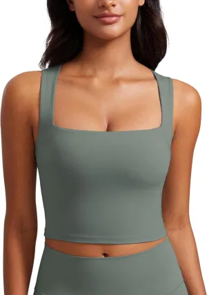 CRZ YOGA Butterluxe Womens Longline Square Neck Sports Bras - Basic Crop Tank Yoga Workout Tops with Built in Pads