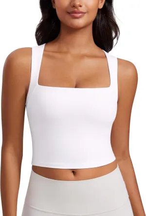 CRZ YOGA Butterluxe Womens Longline Square Neck Sports Bras - Basic Crop Tank Yoga Workout Tops with Built in Pads