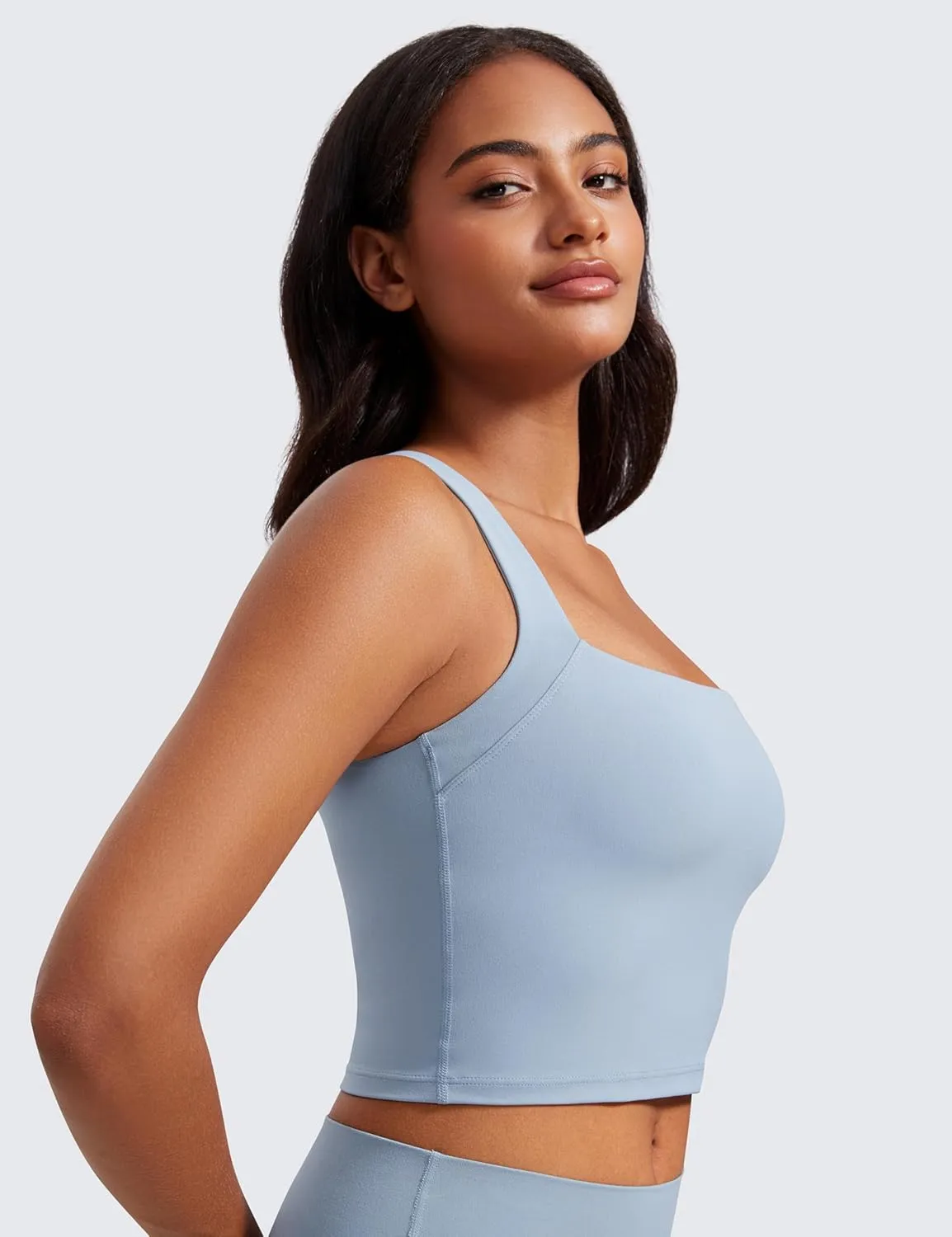 CRZ YOGA Butterluxe Womens Longline Square Neck Sports Bras - Basic Crop Tank Yoga Workout Tops with Built in Pads