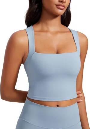 CRZ YOGA Butterluxe Womens Longline Square Neck Sports Bras - Basic Crop Tank Yoga Workout Tops with Built in Pads