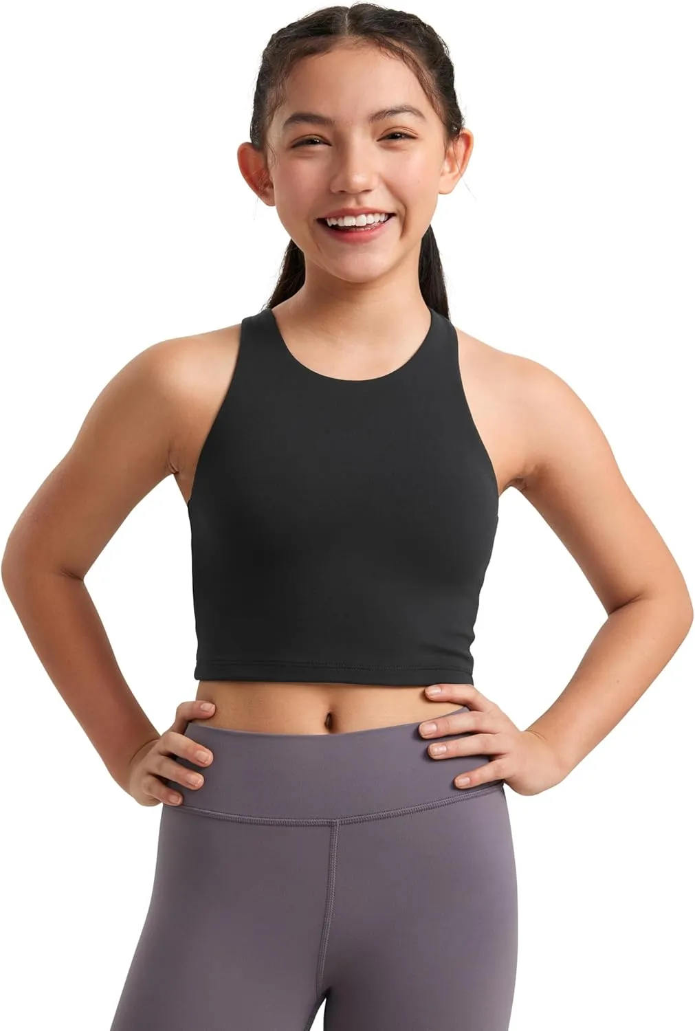 CRZ YOGA Girls Butterluxe Double Lined Tank Tops High Neck Racerback Cropped Basic Sleeveless Dance Yoga