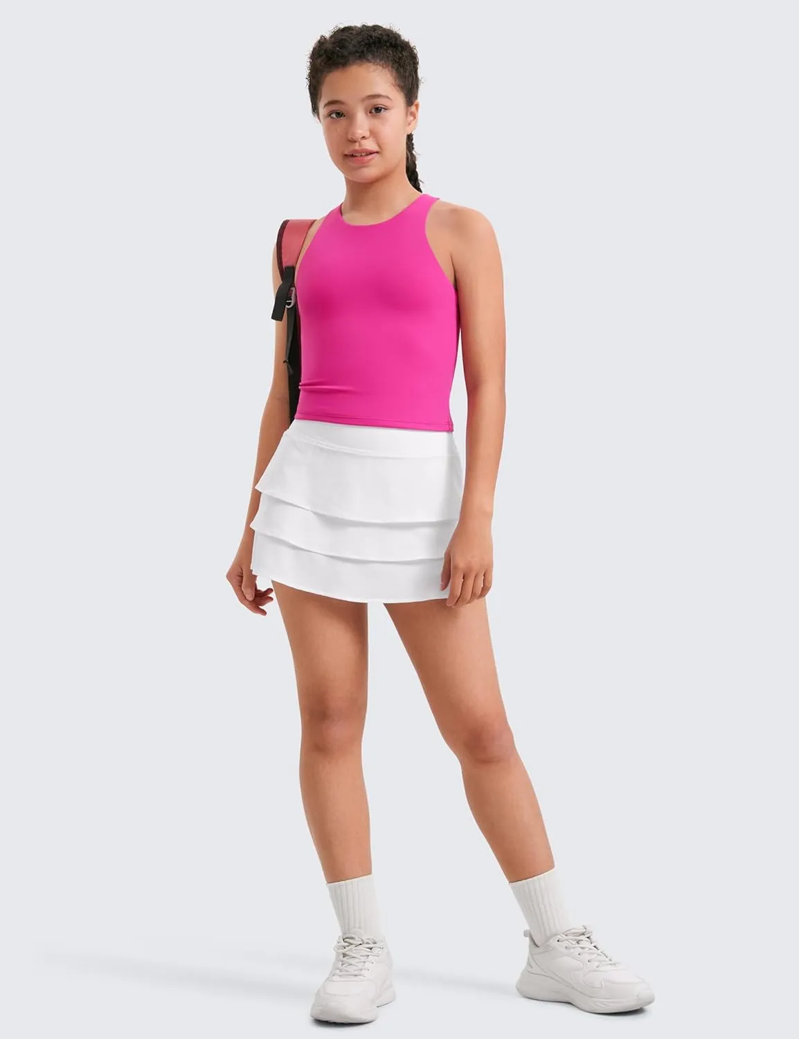 CRZ YOGA Girls Butterluxe Double Lined Tank Tops Waist Length High Neck Racerback Sleeveless Teen Kids Active Casual Dance