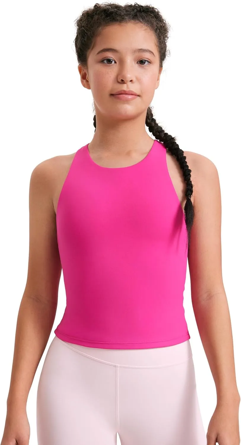 CRZ YOGA Girls Butterluxe Double Lined Tank Tops Waist Length High Neck Racerback Sleeveless Teen Kids Active Casual Dance