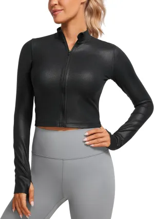 CRZ YOGA Womens Butterluxe Full Zip Cropped Workout Jacket Slim Fit Lightweight Athletic Yoga Tops with Thumb Holes