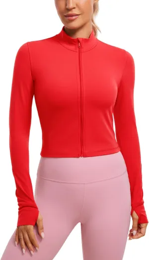 CRZ YOGA Womens Butterluxe Full Zip Cropped Workout Jacket Slim Fit Lightweight Athletic Yoga Tops with Thumb Holes