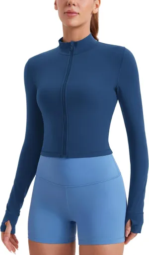 CRZ YOGA Womens Butterluxe Full Zip Cropped Workout Jacket Slim Fit Lightweight Athletic Yoga Tops with Thumb Holes