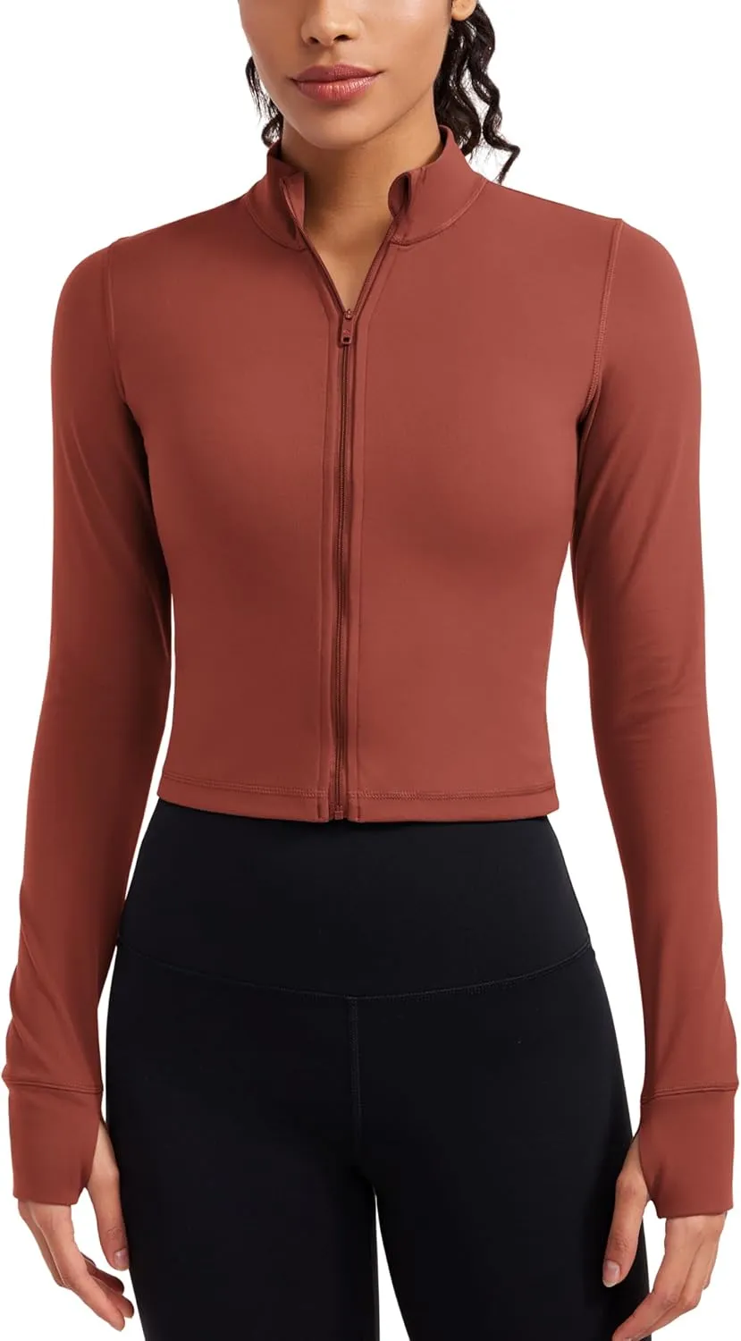 CRZ YOGA Womens Butterluxe Full Zip Cropped Workout Jacket Slim Fit Lightweight Athletic Yoga Tops with Thumb Holes