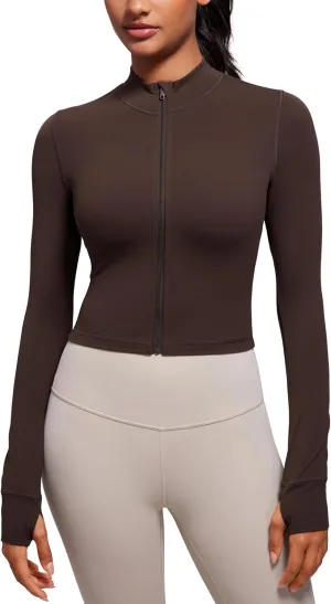 CRZ YOGA Womens Butterluxe Full Zip Cropped Workout Jacket Slim Fit Lightweight Athletic Yoga Tops with Thumb Holes