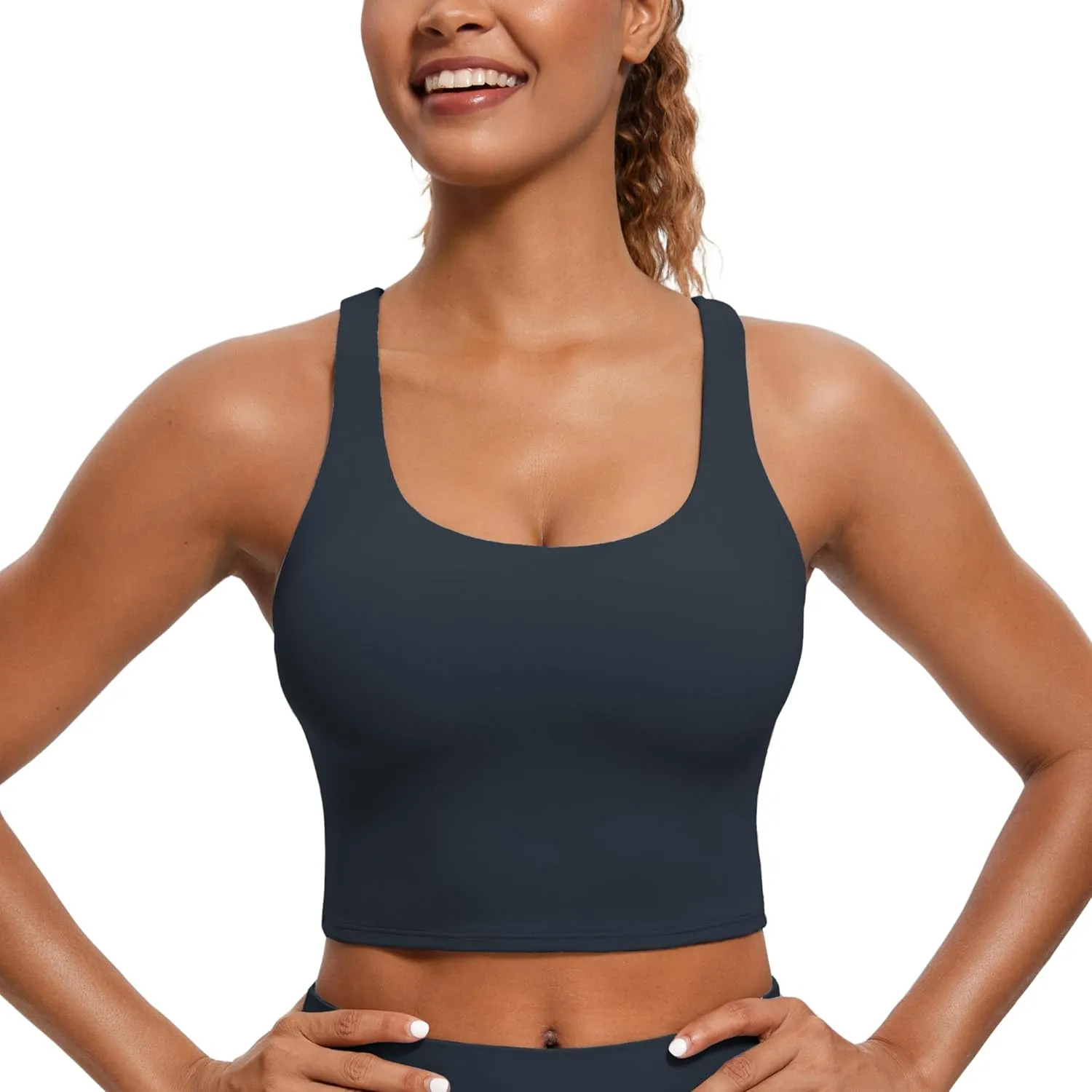 CRZ YOGA Womens Butterluxe Strappy Longline Sports Bra - Padded Criss Cross Yoga Workout Crop Tank Tops