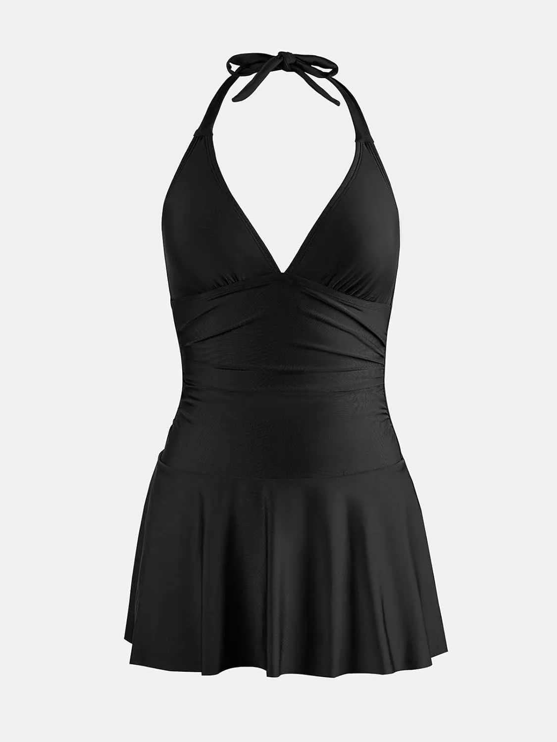 CUPSHE Women's One Piece Swimdress V Neck Plunge Halter Self Tie Open Back Ruched Bathing Suit