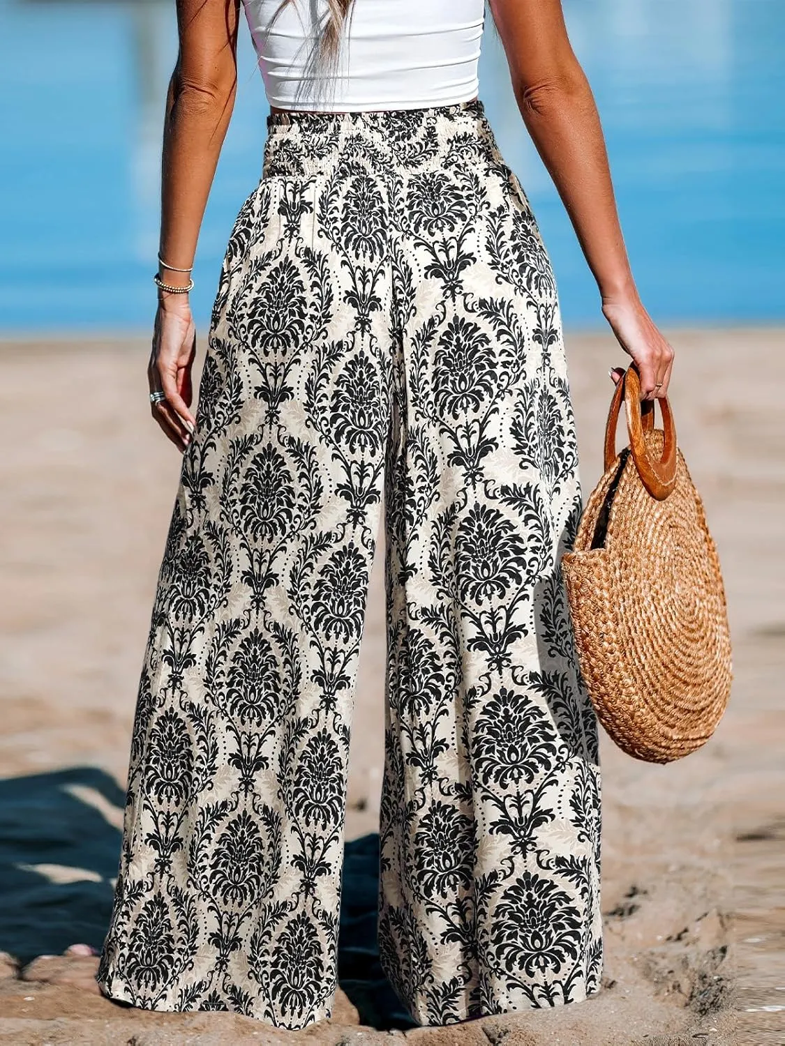 CUPSHE Womens Wide Leg Pants Elastic High Waisted Beach Trousers Cotton Linen Summer Palazzo