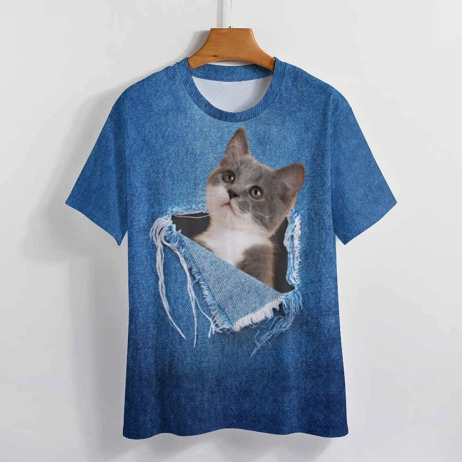 Custom Pet Cat Photo Hole Blue Classic Women's T-shirt Personalized Women's All Over Print T-shirt