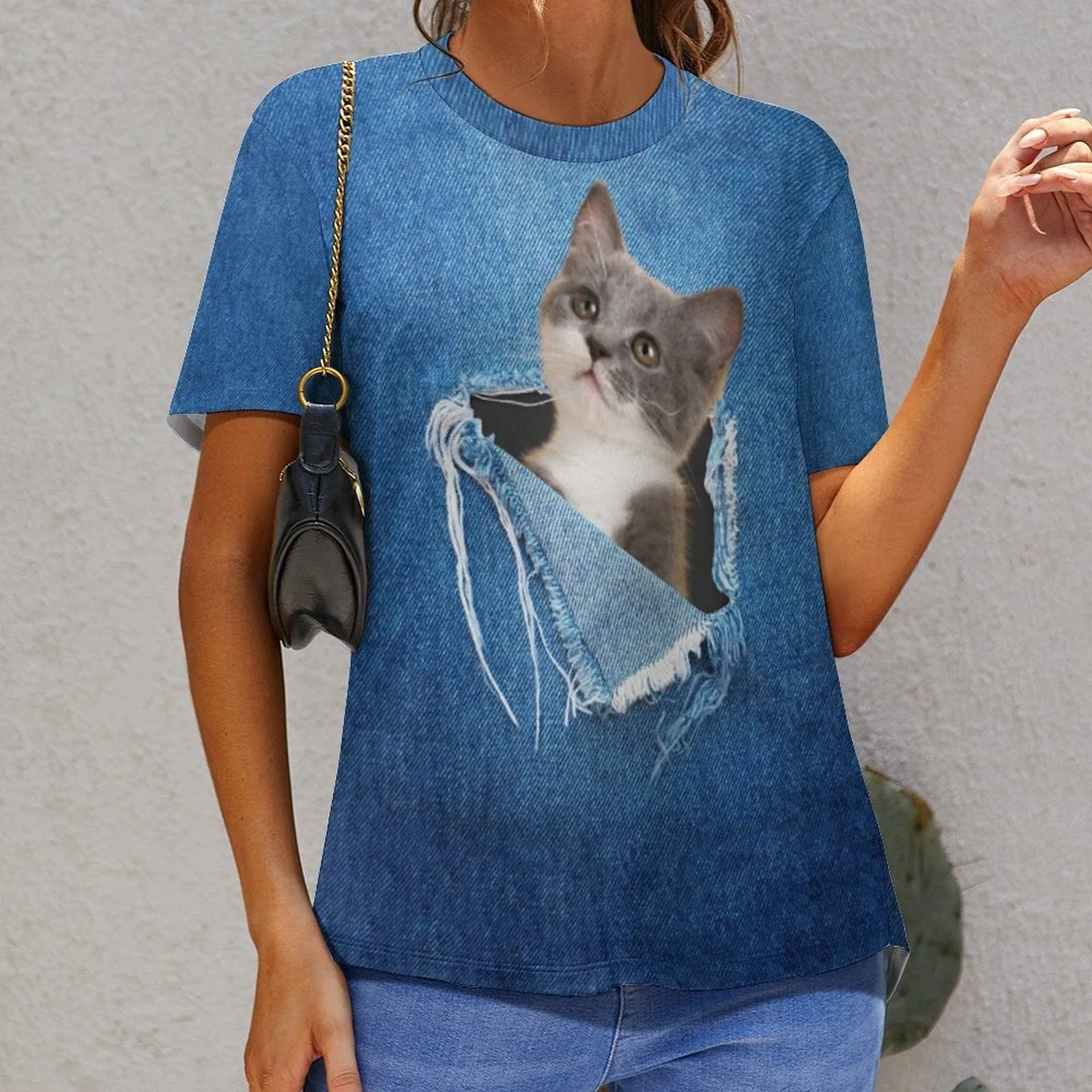 Custom Pet Cat Photo Hole Blue Classic Women's T-shirt Personalized Women's All Over Print T-shirt