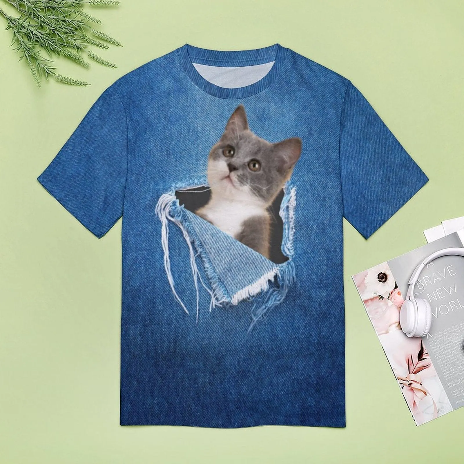 Custom Pet Cat Photo Hole Blue Classic Women's T-shirt Personalized Women's All Over Print T-shirt