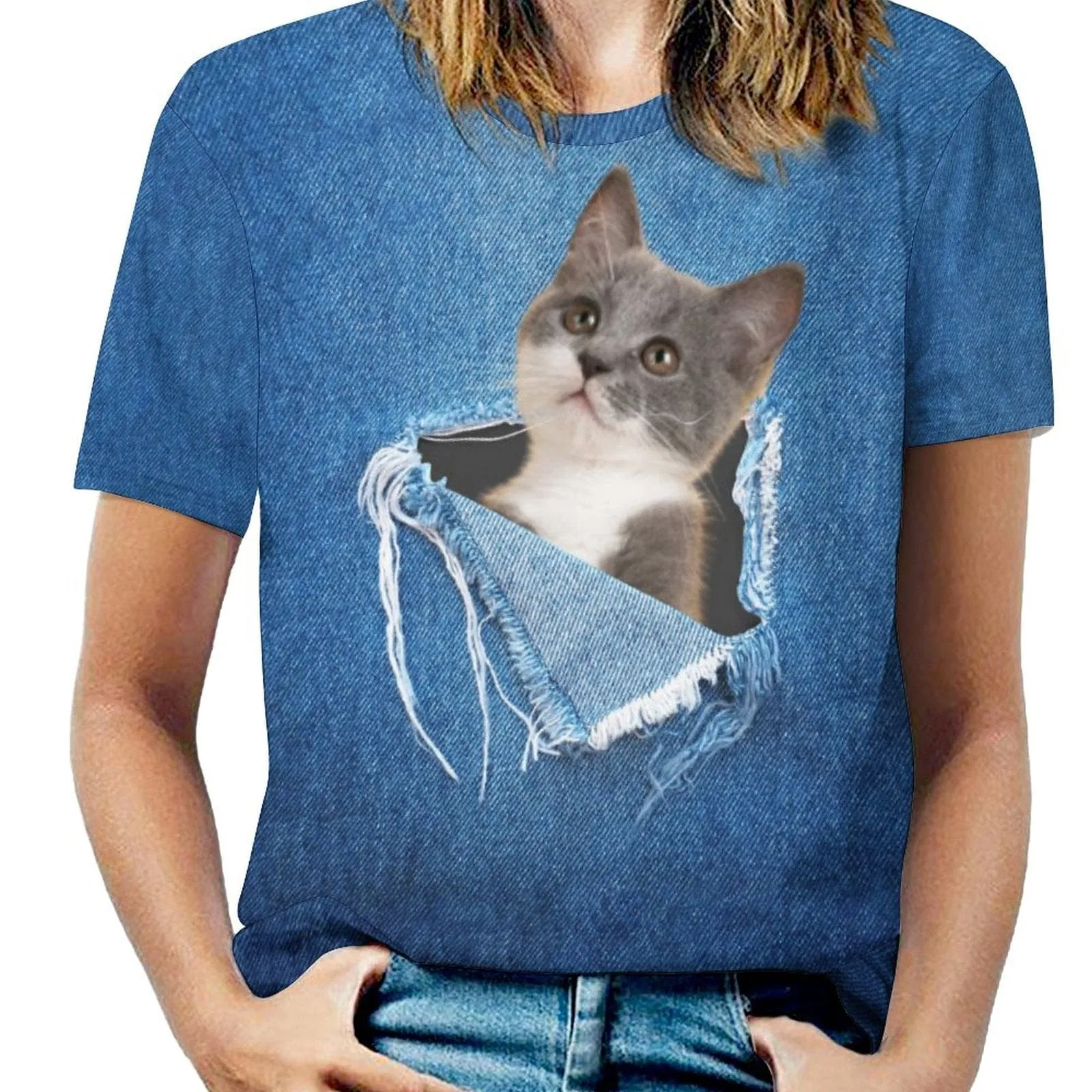 Custom Pet Cat Photo Hole Blue Classic Women's T-shirt Personalized Women's All Over Print T-shirt