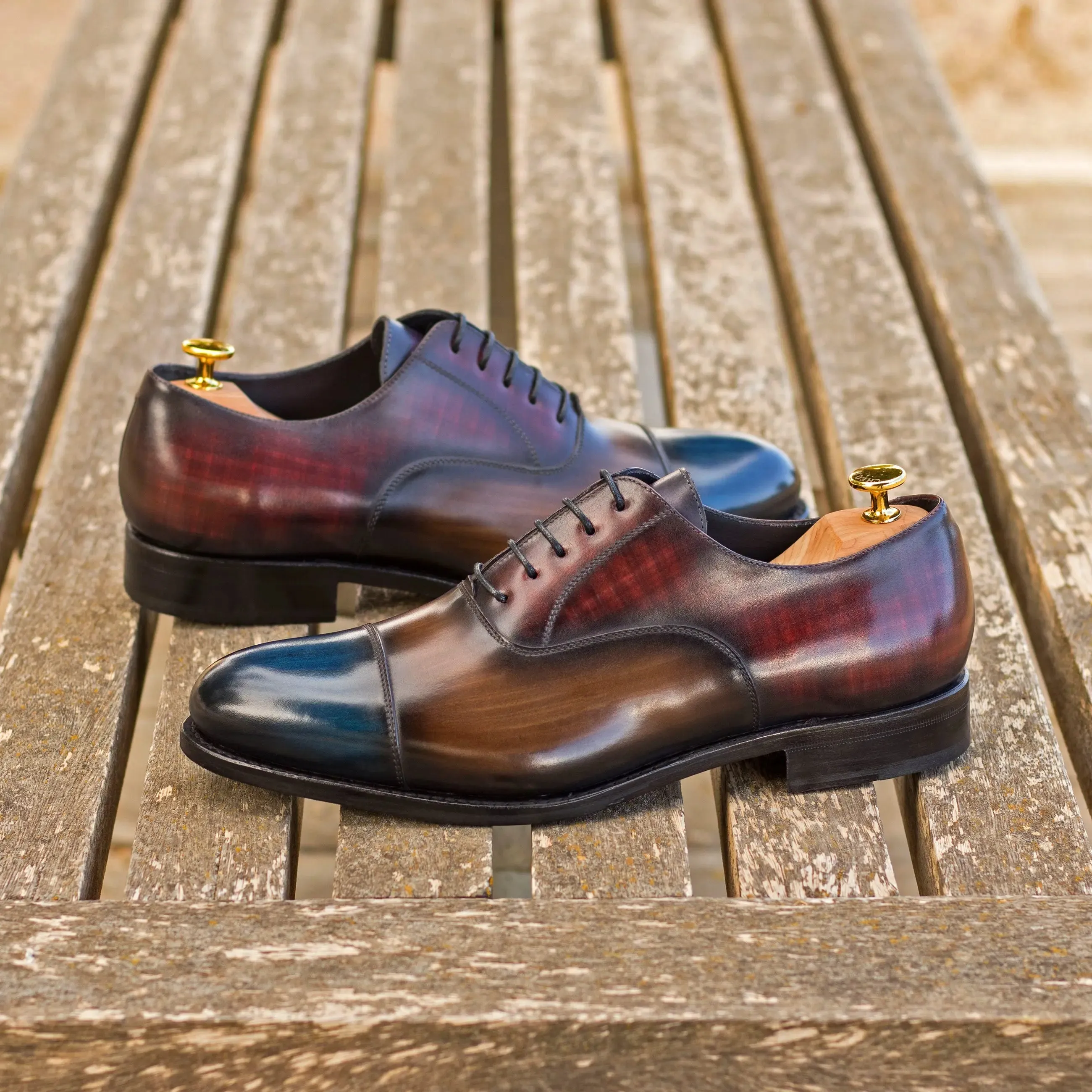 DapperFam Rafael in Burgundy / Purple / Denim / Brown Men's Hand-Painted Patina Oxford