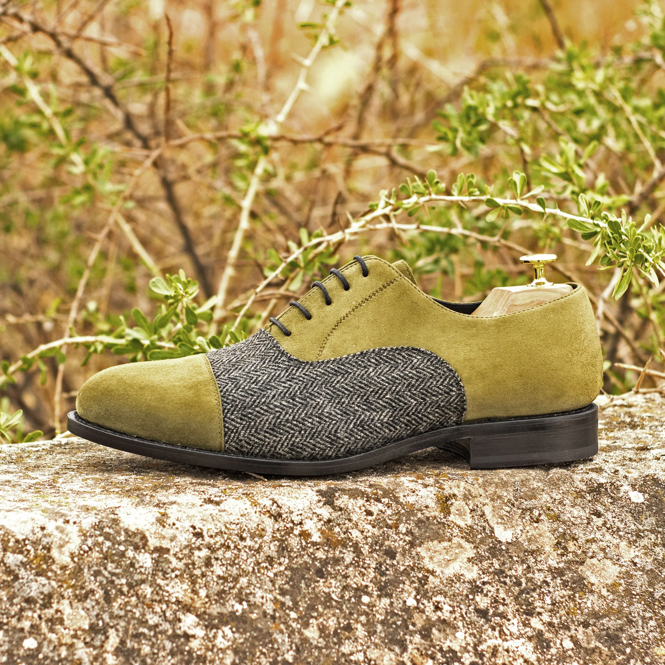 DapperFam Rafael in Herringbone / Khaki Men's Sartorial & Italian Suede Oxford