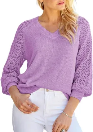 Dokotoo Women's Casual V-Neck Long Sleeve Sweaters Solid Color Pullover Knit Sweater Jumper Tops